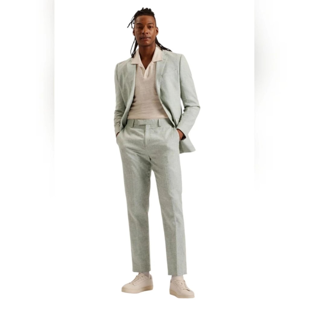 Ted Baker Men's Damaskt Slim-Fit Linen Cotton Tailored Trousers Olive Size 30r